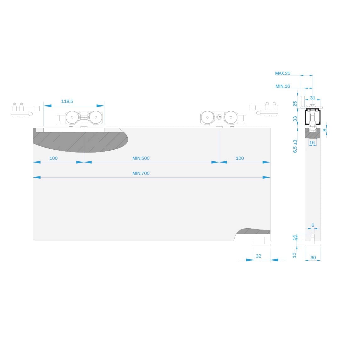 Guía corredera puertas madera Float 120 retrac
